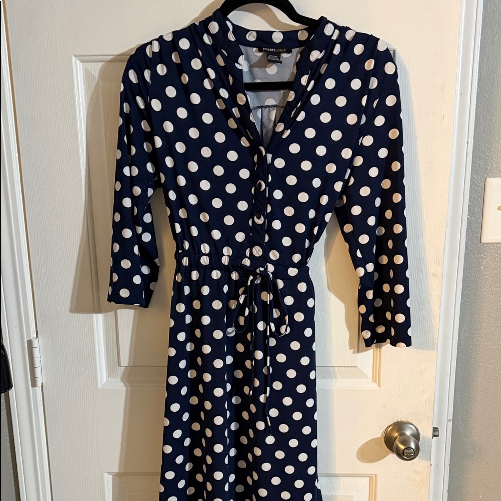 Robert Louis Navy and White Polka Dot Long Sleeve Dress